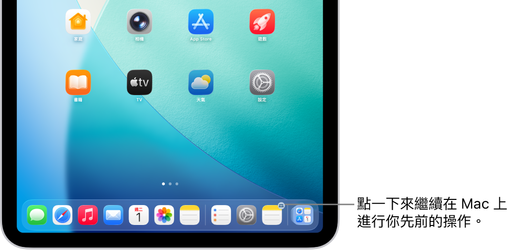 iPad 上的 Dock 中顯示「接力」圖像。