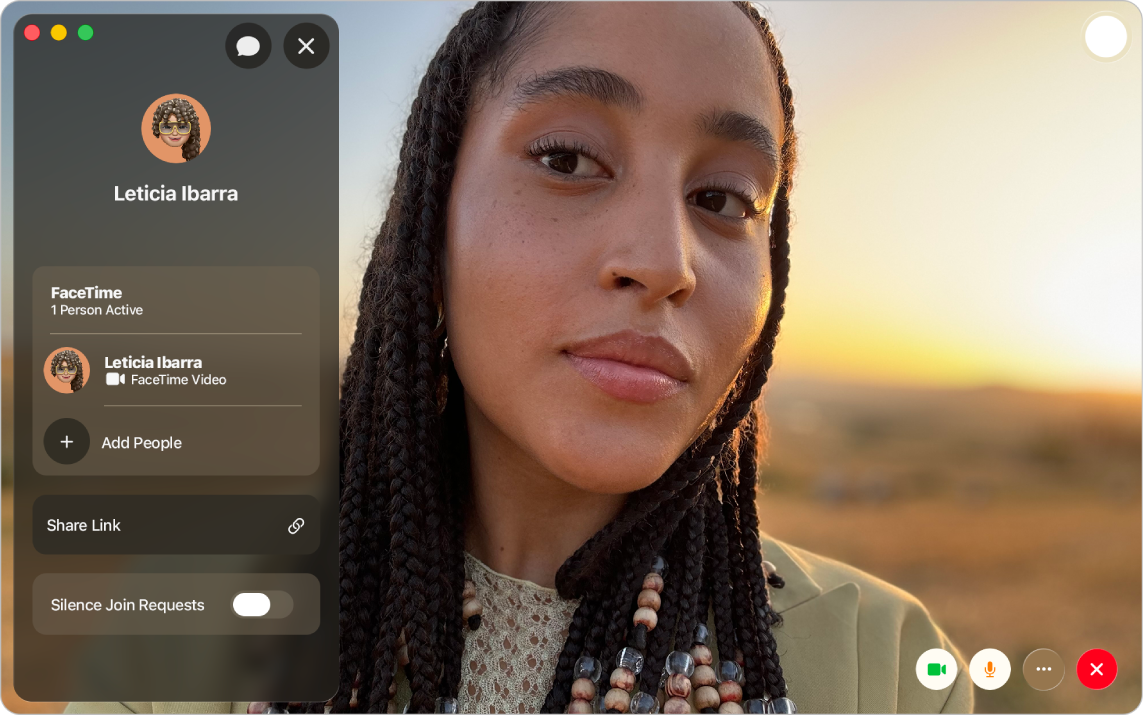 A FaceTime video call in progress, with the current participant showing on the right. In the sidebar, the participant’s name appears, along with the Add People option.