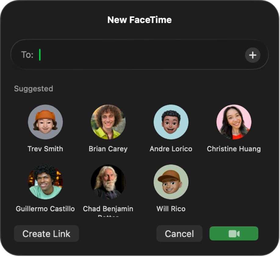 The New FaceTime window — enter callers directly in the To field or choose them from Suggested.