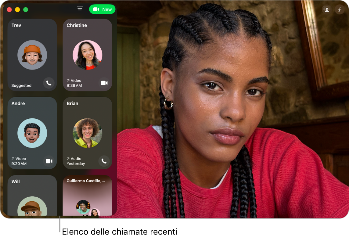 Una finestra di FaceTime che mostra l’elenco dei chiamanti recenti a sinistra.