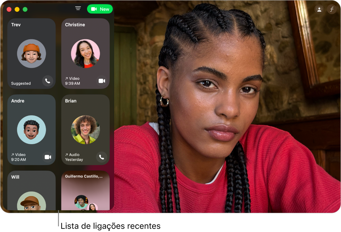 Uma janela do FaceTime a mostrar a lista de contactos recentes à esquerda.