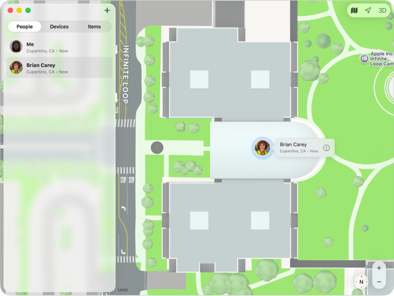 Η εφαρμογή «Εύρεση» εμφανίζει μια λίστα φίλων στην πλαϊνή στήλη και τις τοποθεσίες τους σε έναν χάρτη.