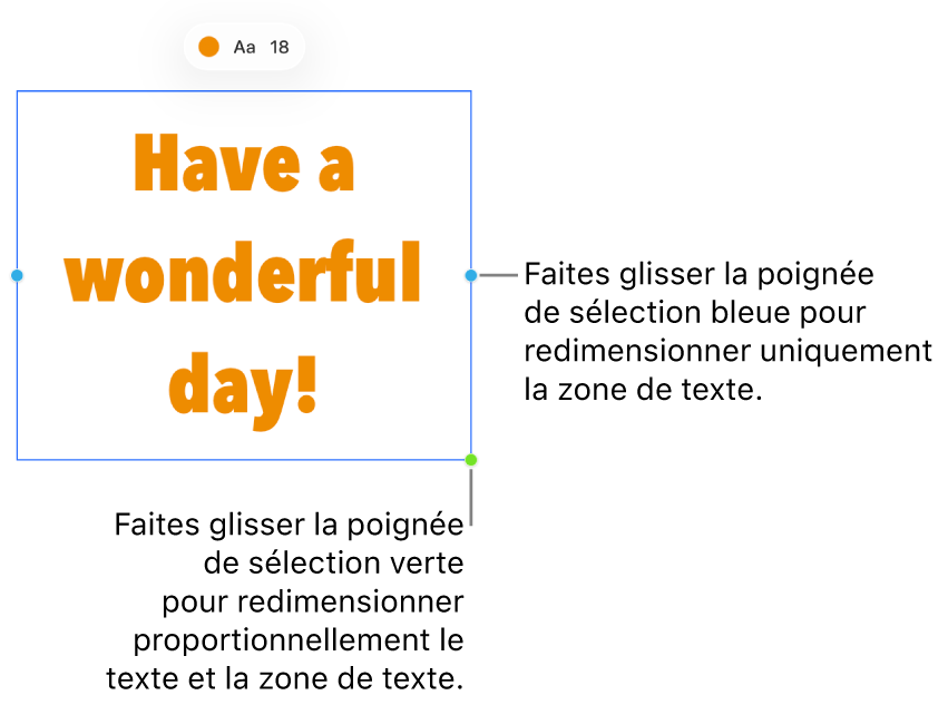 Une zone de texte sélectionnée qui montre la poignée de sélection bleue (pour redimensionner uniquement la zone de texte) et la poignée de sélection verte (pour redimensionner le texte et la zone de texte proportionnellement).