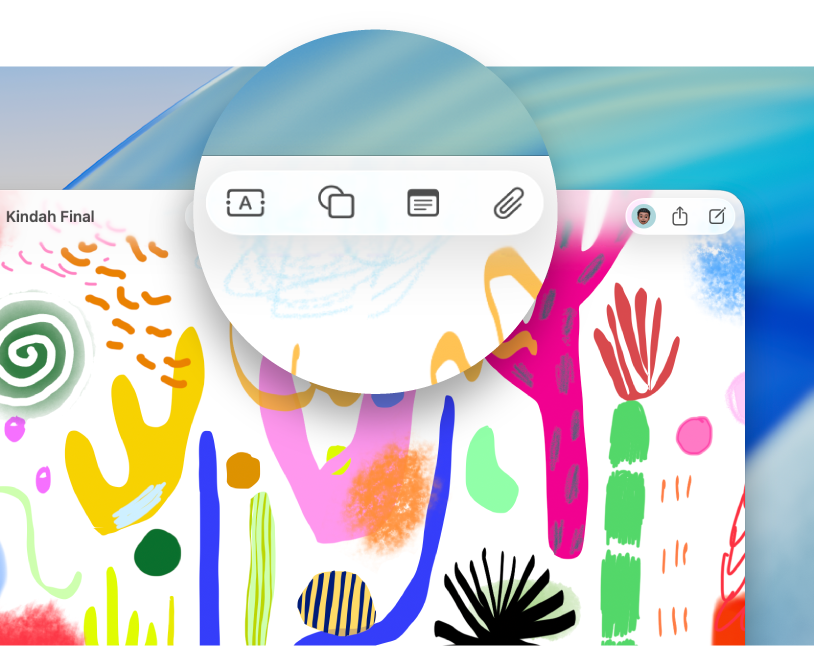 Tableau Freeform ouvert avec les outils en haut mis en évidence.