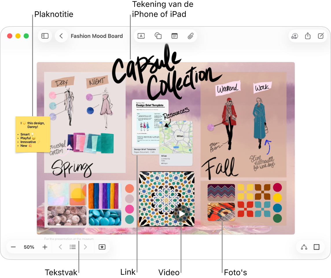 Een Freeform-bord met verschillende onderdelen, zoals een tekening van een iPhone of iPad, een plaknotitie, een link, een tekstvak, een video en een aantal foto's.