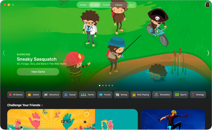 L’app Apple Games affichant l’onglet Arcade. L’écran présente des illustrations promotionnelles de jeux tels que Sneaky Sasquatch, WHAT THE CLASH ? et Skate City : New York.