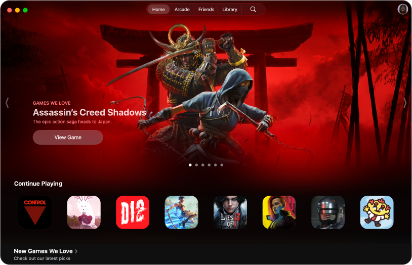 L’app Apple Games affichant l’onglet Accueil. L’écran présente des illustrations promotionnelles du jeu Assassin’s Creed Shadows avec une section « Continuer à jouer ».