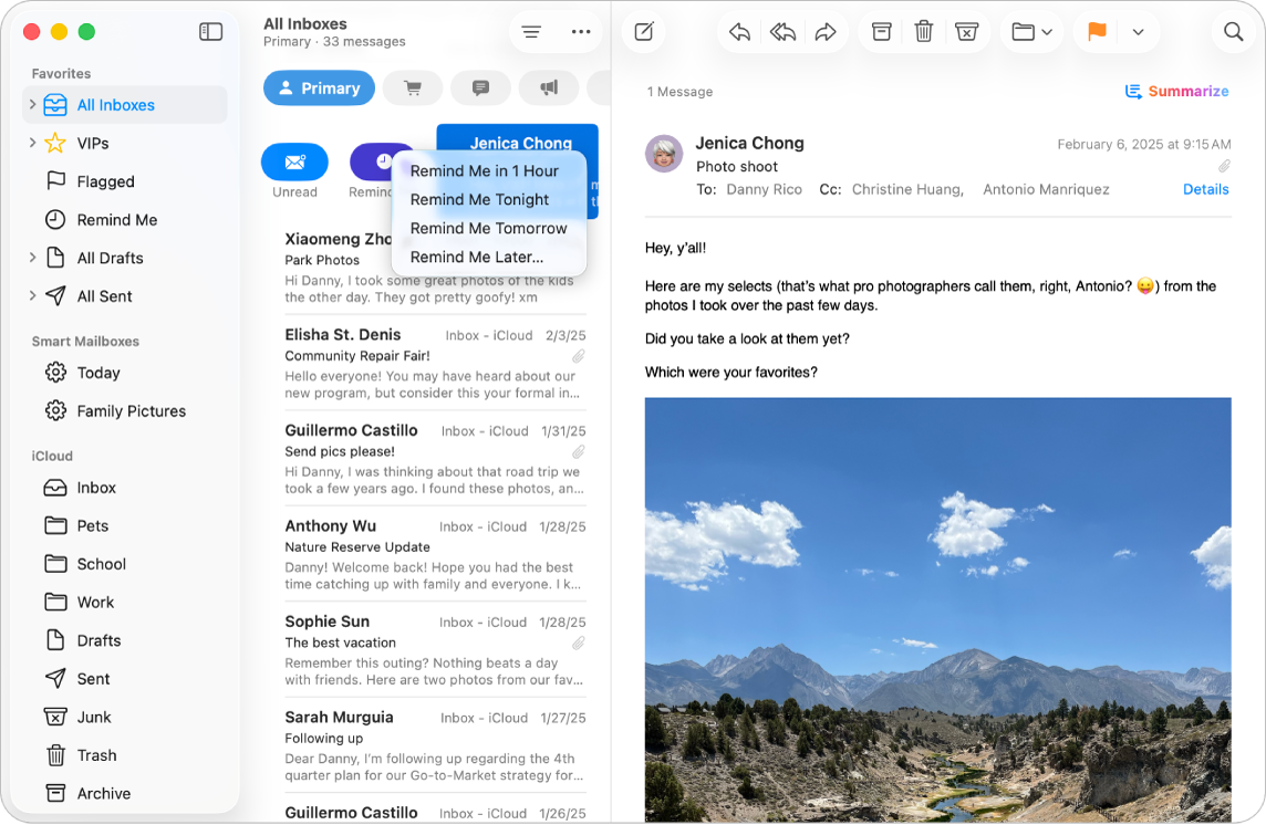 A Mail window showing various Remind Me options.
