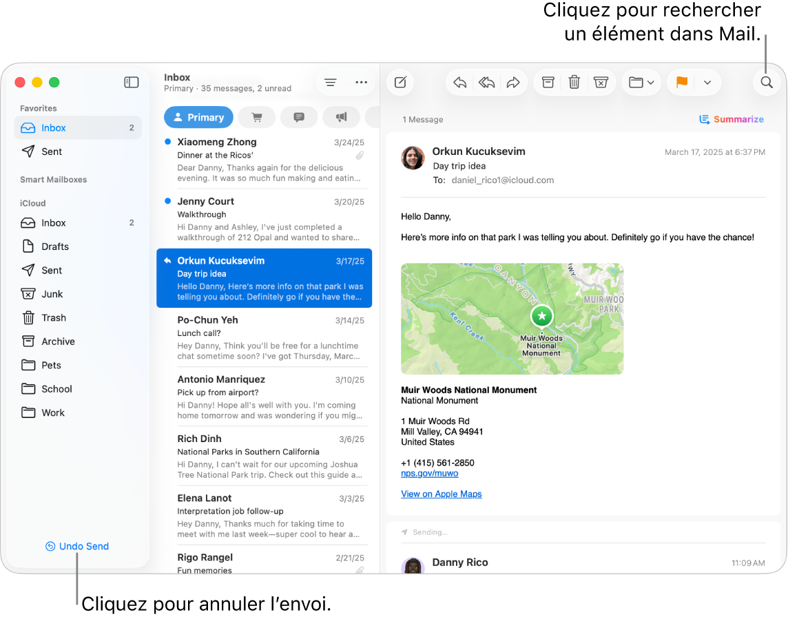 Fenêtre Mail avec la barre latérale sur la gauche. Le bouton « Annuler l’envoi » se trouve en bas de la barre latérale.