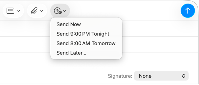 En meny i meldingsvinduet viser ulike alternativer for å sende en e‑post – Send nå, Send i kveld kl. 21.00, Send i morgen kl. 08.00 og Send senere.