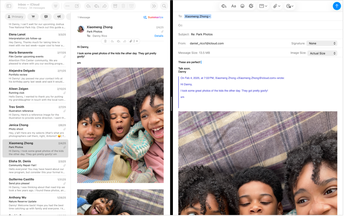 A lista de mensagens lado a lado com a janela Criar mensagem na Visualização dividida.