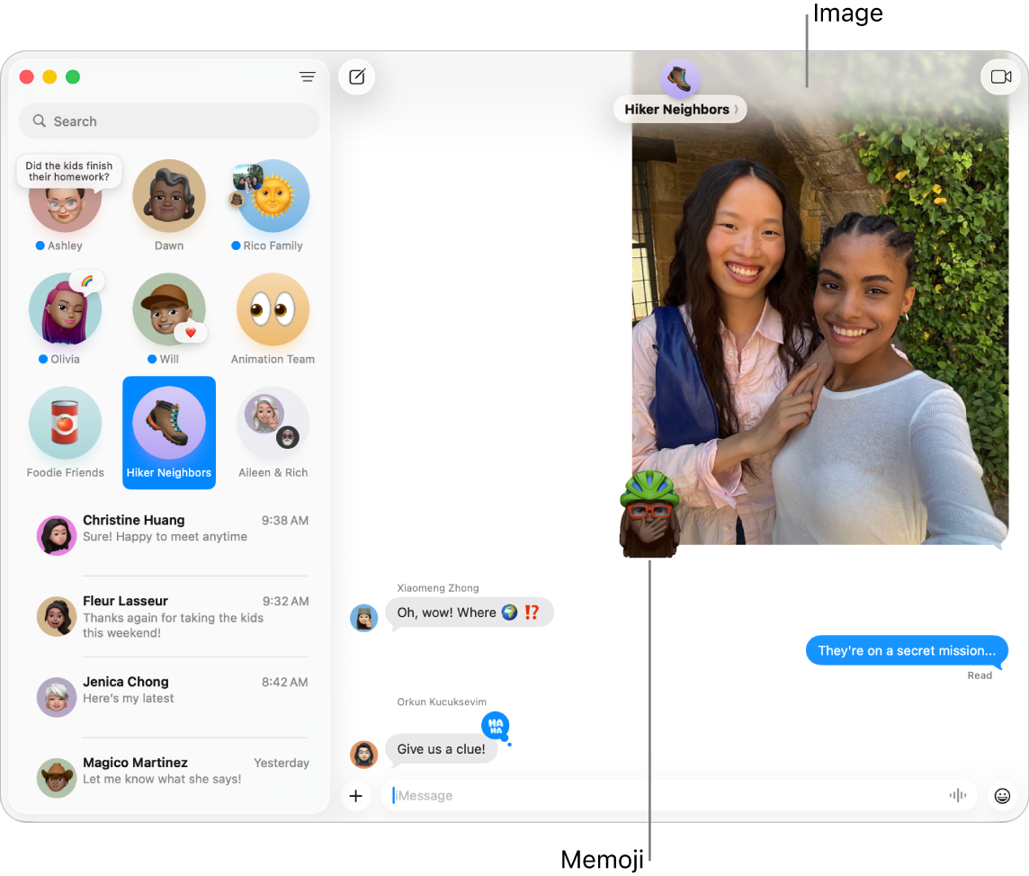 The Messages window with several conversations listed in the sidebar on the left, and a transcript showing on the right. A few items are highlighted in the transcript: a Tapback above a pinned conversation on the left, an image and Memoji on the right, and a Live Sticker in the lower-right corner. Click the Apps button at the bottom of the window to add photos, videos, #images, stickers and message effects.