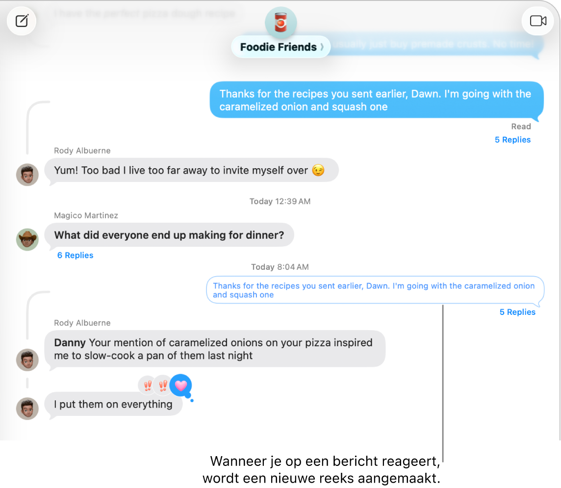 Het Berichten-venster met een gesprek met een nieuwe berichtenreeks onder een specifiek bericht.