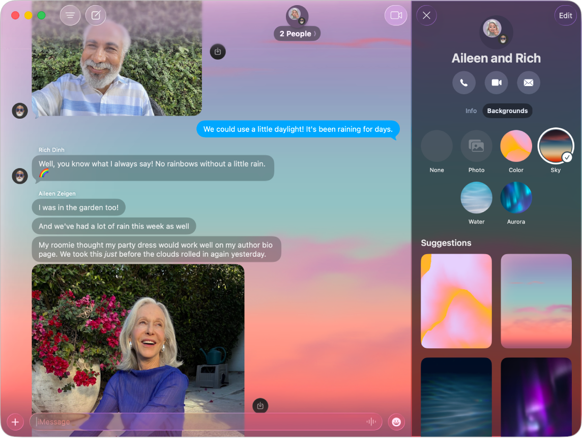 Een gesprek in Berichten met een achtergrond met de naam 'Lucht'.