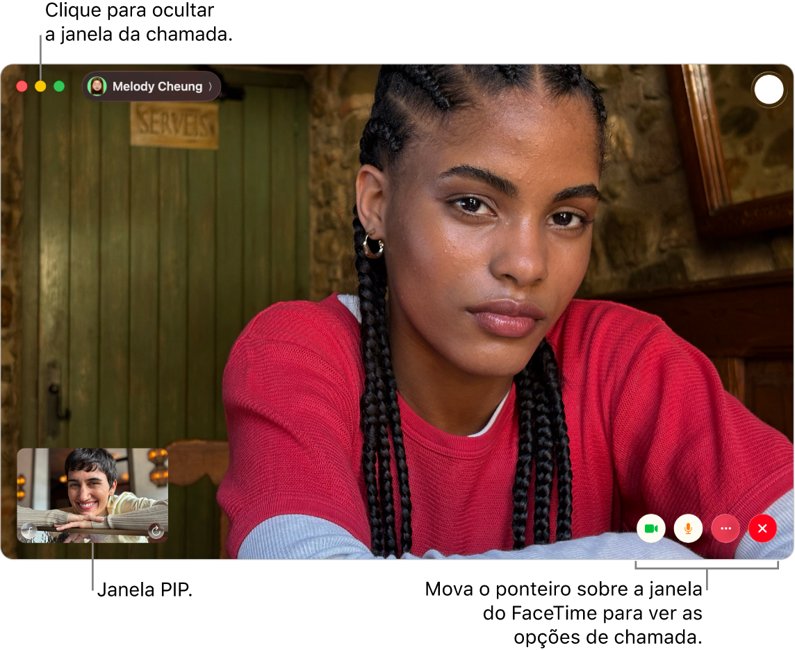 Uma ligação de vídeo do FaceTime está em andamento. A janela de PIP aparece no canto superior direito e as opções da ligação do FaceTime aparecem no canto inferior esquerdo.