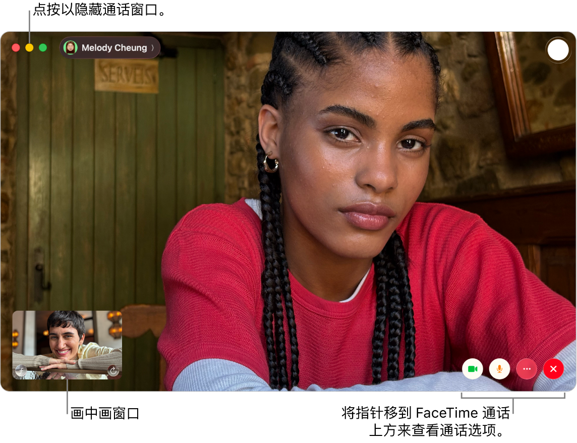 进行中的 FaceTime 视频通话。画中画窗口显示在右上角,FaceTime 通话选项显示在左下角。