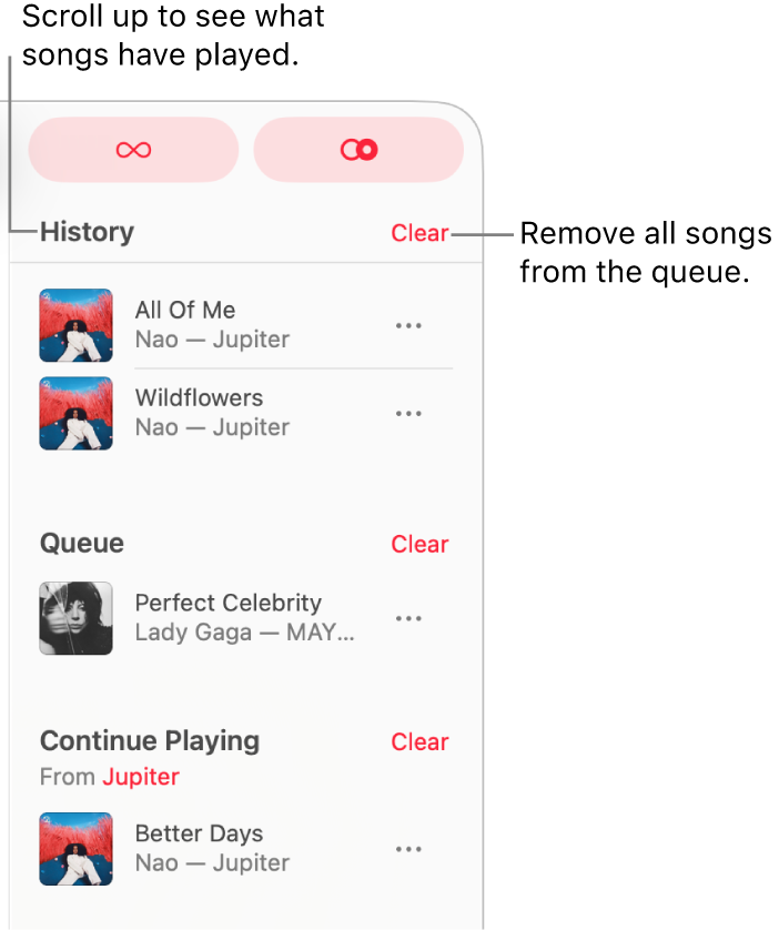 Køen er synlig i øverste højre hjørne af Apple Music. Sektionerne Historik, Kø og Fortsæt afspilning vises.