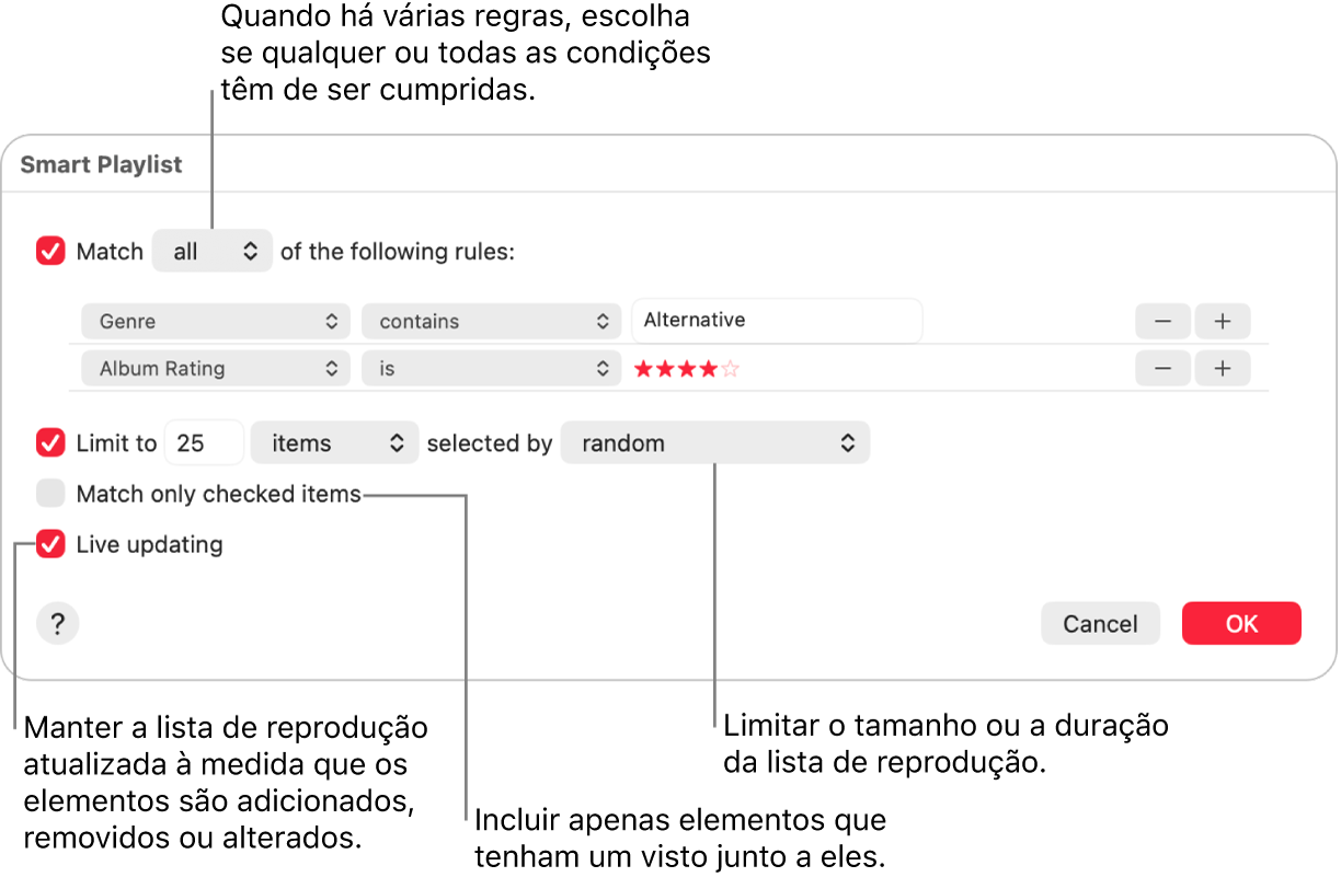 A caixa de diálogo da lista de reprodução inteligente: No canto superior esquerdo, selecione “Match” e especifique os critérios da lista de reprodução (como género ou classificação). Continue a adicionar ou remover regras clicando nos botões Adicionar ou Remover no canto superior direito. Selecione várias opções na parte inferior da caixa de diálogo, como por exemplo, limitar o tamanho ou a duração da lista de reprodução, incluindo só as músicas assinaladas, ou fazer com que a aplicação Música atualize a lista sempre que os elementos da biblioteca mudem.