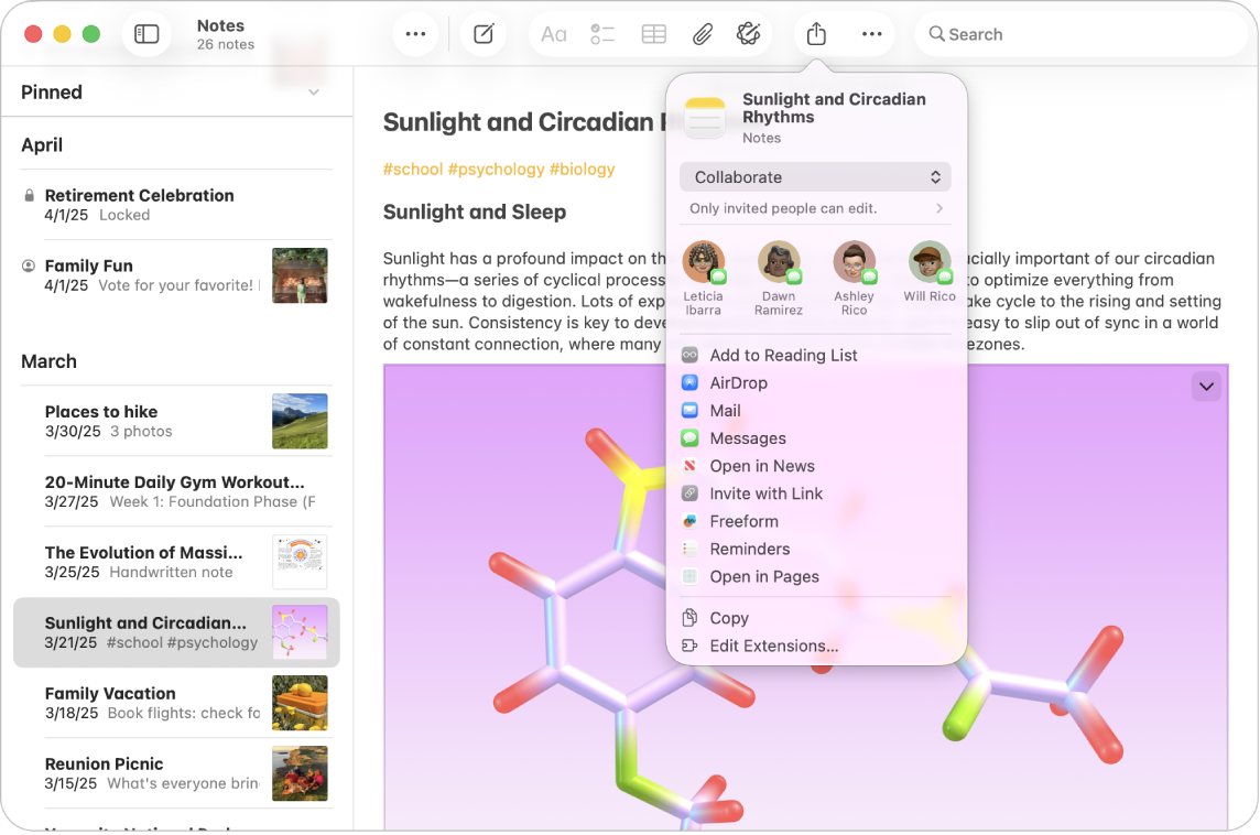 Uma janela do app Notas no Mac mostrando uma lista de notas e o menu Compartilhar para uma nota aberta. Família e amigos aparecem nos destinatários sugeridos na parte superior do menu pop‑up Compartilhar. As diferentes opções de compartilhamento abaixo, de cima para baixo, incluem Adicionar à Lista de Leitura, AirDrop, Mail, Mensagens, Abrir no app News, Convidar com Link, Freeform, Lembretes e Abrir no Pages. Também há uma opção para copiar a nota ou editar extensões.