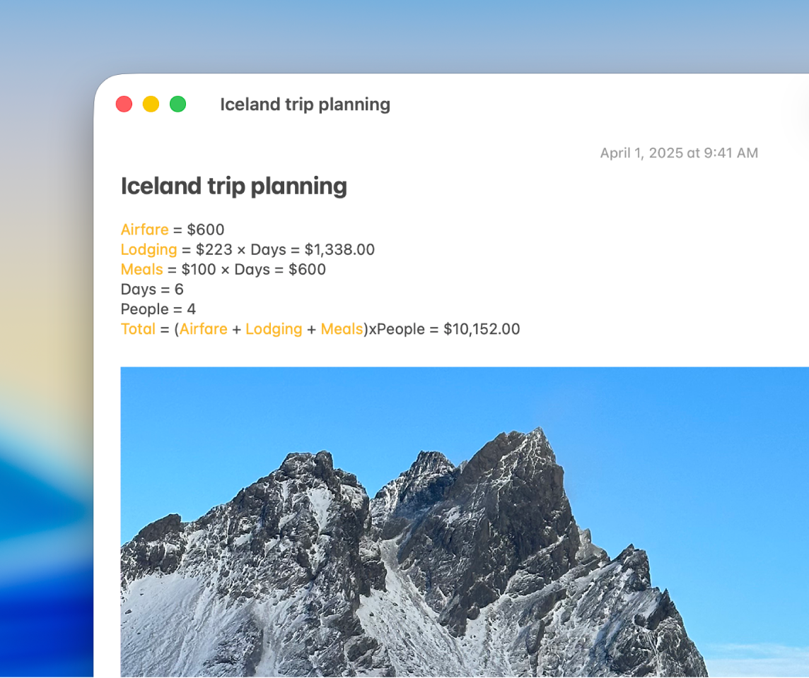 На Mac открыто окно приложения «Заметки»; в заметке записано несколько вычислений.