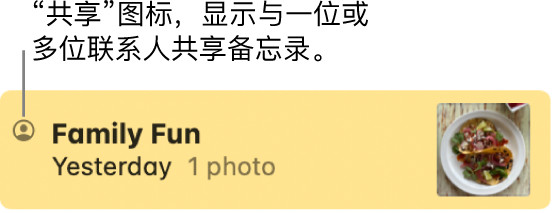 已与他人共享的备忘录,备忘录名称左侧是“共享”图标。