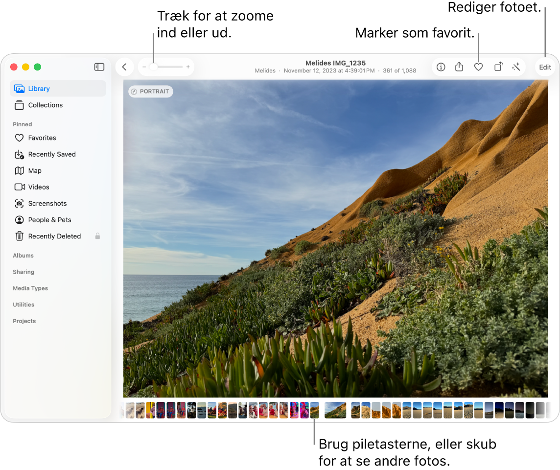 I vinduet Fotos vises et forstørret foto til højre og en række miniaturer nedenunder. Værktøjslinjen øverst omfatter zoommærket, knappen Favorit og knappen Rediger.