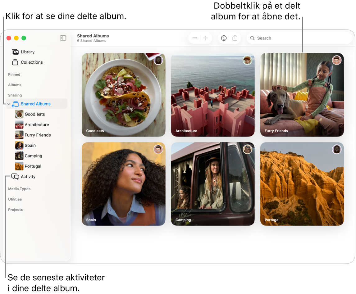 Fotos-vinduet, der viser Delte album valgt i indholdsoversigten og de delte album til højre.