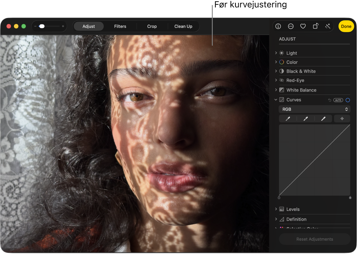 Et foto før kurvejusteringer.