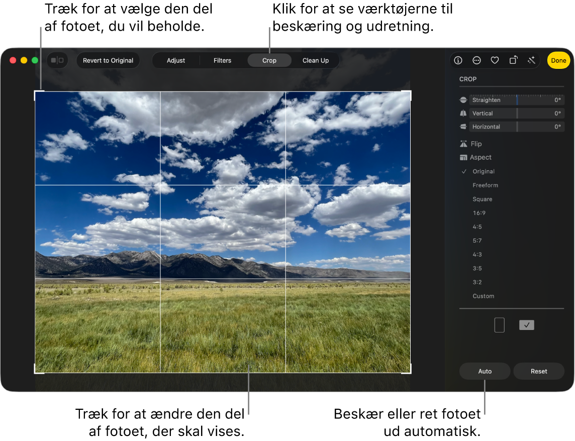 Et foto i redigeringsoversigt med Beskær valgt på værktøjslinjen med et vælgerektangel omkring fotoet og mærker til udretning, indstillinger til billedformat og knapperne Auto og Nulstil til højre.