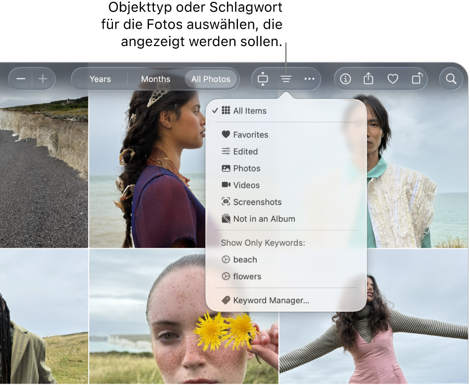 Das Einblendmenü „Filter“ mit der ausgewählten Option zum Anzeigen aller Objekte. Klicke auf die Taste „Filter“, um den Objekttyp oder ein Schlagwort für die Fotos auszuwählen, die du sehen möchtest.