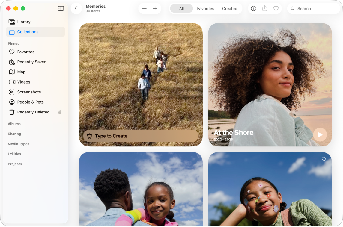 The Photos window showing Collections selected in the sidebar and memories displayed on the right.