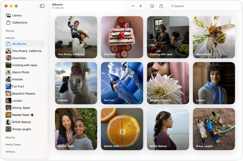 The Photos app window with All Albums selected in the sidebar and albums shown on the right.