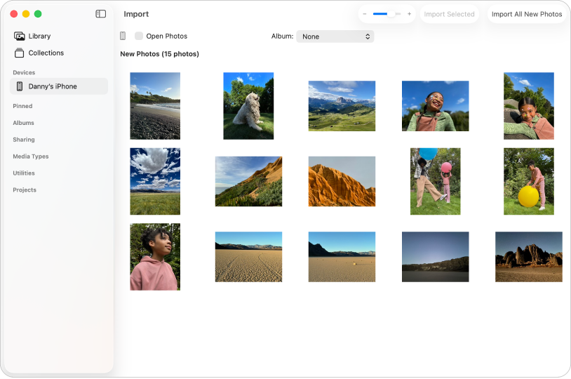 The Photos app with an iPhone selected in the sidebar and the Import window open.