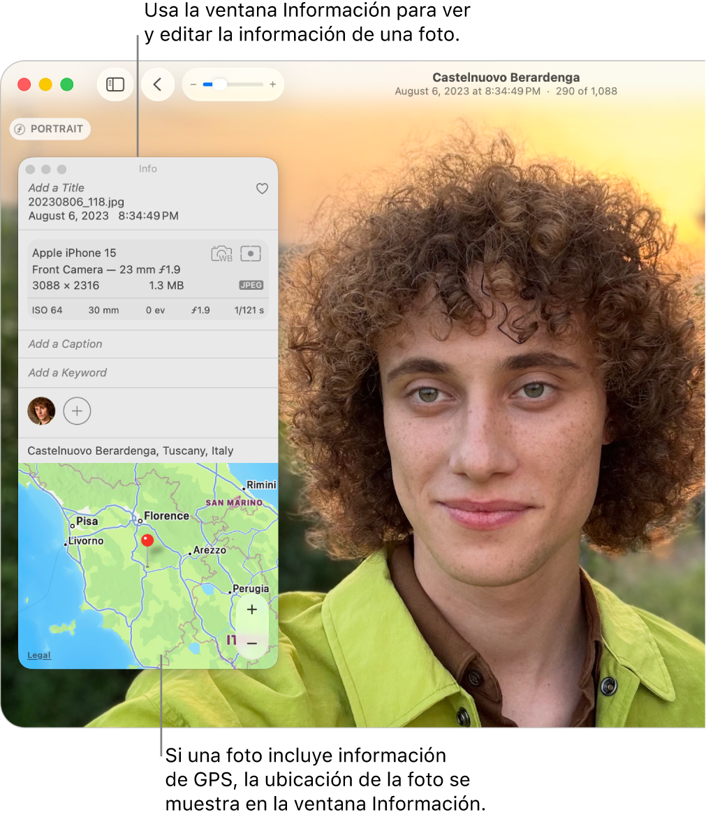 La ventana de información de una foto, que muestra la fecha y la hora en que se tomó, información sobre el dispositivo con que se hizo, la ubicación de la foto, etc.