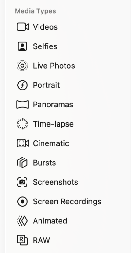 La barra lateral de la app Fotos muestra las distintas colecciones en “Tipos de contenido”.