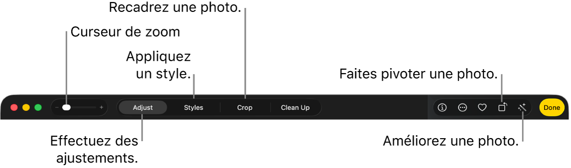 La barre d’outils d’édition montrant les commandes permettant d’agrandir ou de réduire une photo, d’effectuer des ajustements, d’appliquer un style photographique et de recadrer, de faire pivoter et d’améliorer des photos.