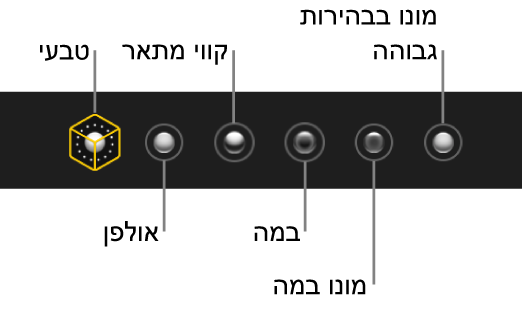 בחירות אפקטים של התאורה כולל (משמאל לימין) ״טבעי״, ״סטודיו״, ״מתאר״, ״במה״, ״במה מונו״ ו״מונו בבהירות גבוהה״.