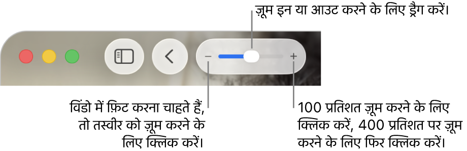 ज़ूम कंट्रोल दिखाता हुआ टूलबार।
