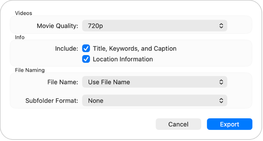 Dijalog s prikazom opcija za eksportiranje video isječaka.