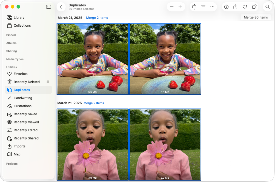 사이드바에서 선택된 ‘중복된 항목’과 오른쪽의 중복된 사진이 옆으로 나란히 표시되는 사진 윈도우.