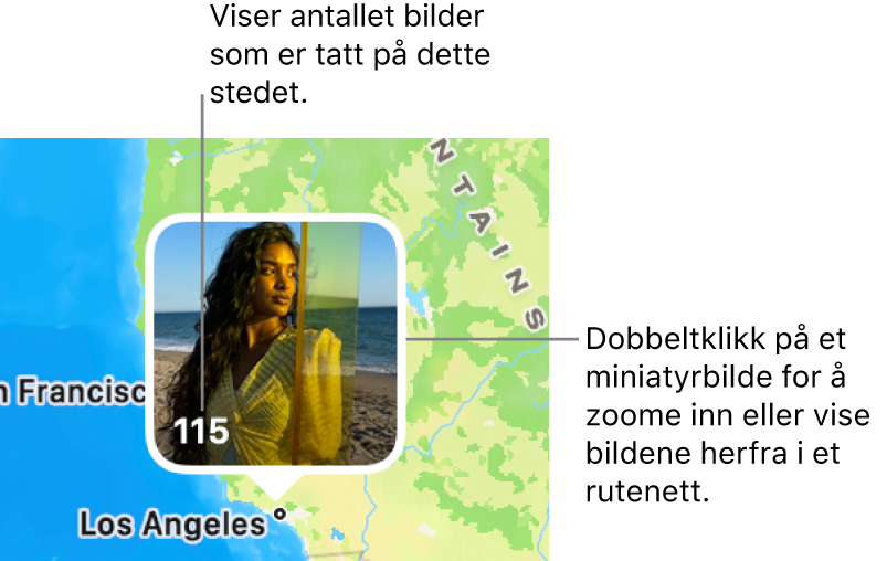 En bildeminiatyr på kartet med et tall nederst til venstre som indikerer antall bilder som er tatt på det stedet.