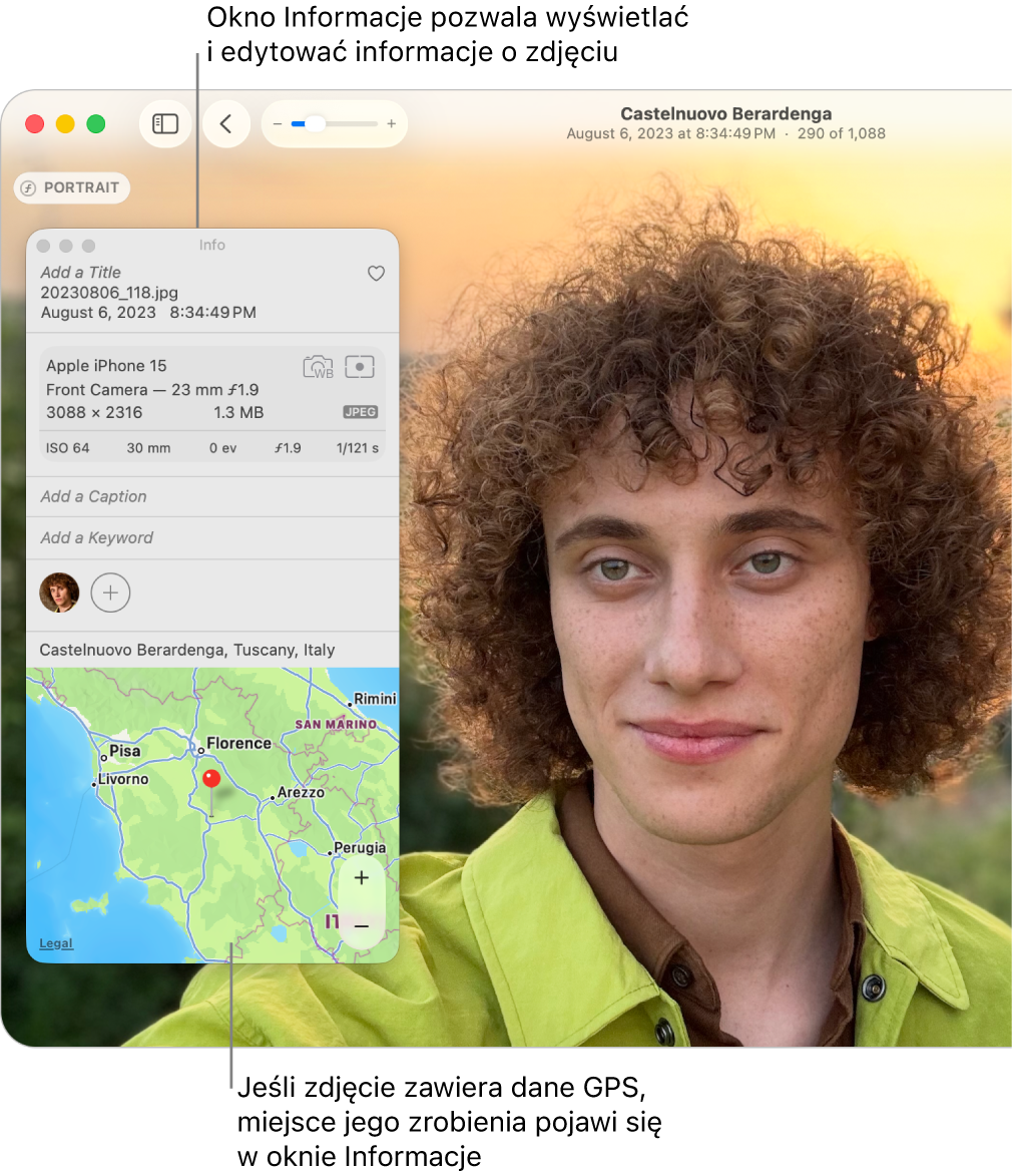 Okno informacji o zdjęciu, pokazujące datę i czas jego zrobienia, informacje o urządzeniu, które zrobiło zdjęcie, położenie zdjęcia i inne informacje.