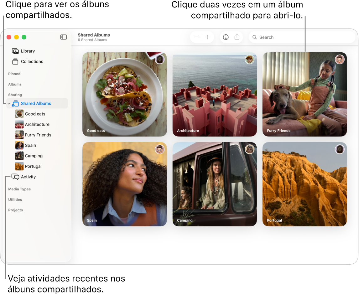 A janela do Fotos mostrando Álbuns Compartilhados selecionado na barra lateral e álbuns compartilhados aparecendo à direita.