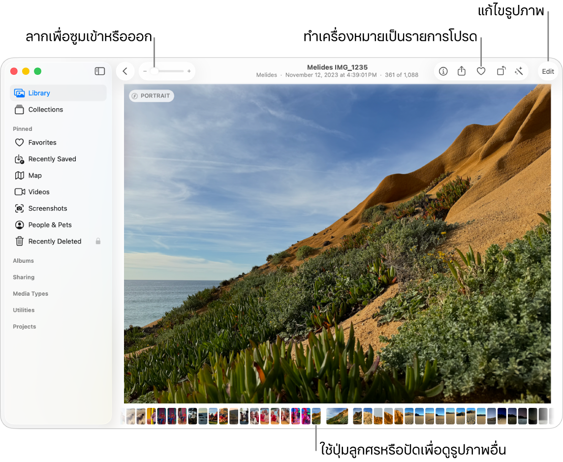 หน้าต่างรูปภาพที่แสดงรูปภาพที่ขยายใหญ่ทางด้านขวาและแถวของรูปย่ออยู่ด้านล่าง แถบเครื่องมือที่ด้านบนสุดประกอบด้วยแถบเลื่อนการซูม ปุ่มรายการโปรด และปุ่มแก้ไข