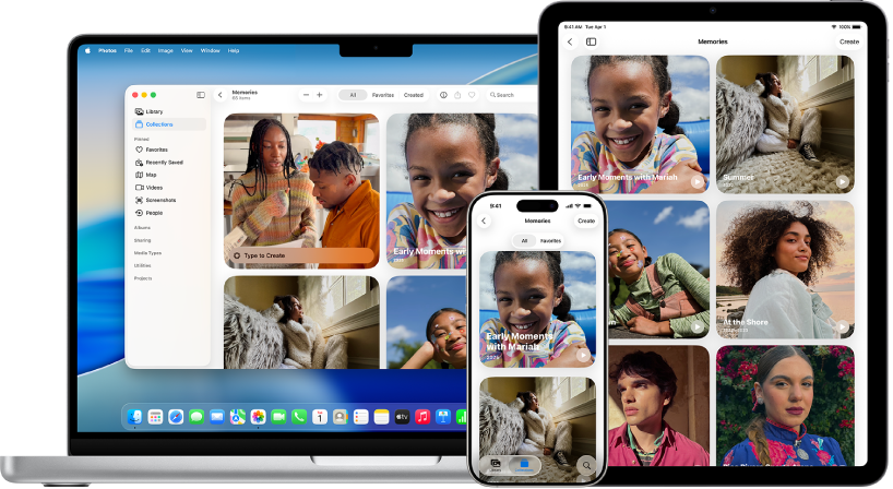 Bir iPhone, MacBook ve iPad, hepsi aynı fotoğraf arşivinden anıları gösteriyor.
