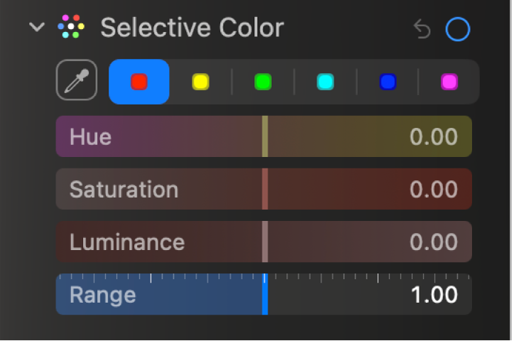 Renk Özü, Doyma, Parlaklık ve Aralık sürgülerinin gösterildiği Ayarla bölümündeki Seçmeli Renk denetimleri.