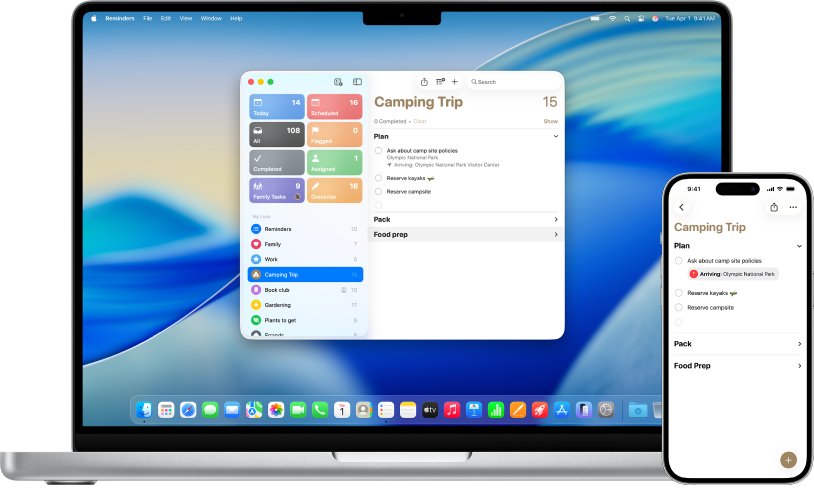 تطبيق التذكيرات على Mac و iPhone يعرض نفس قائمة التذكيرات.