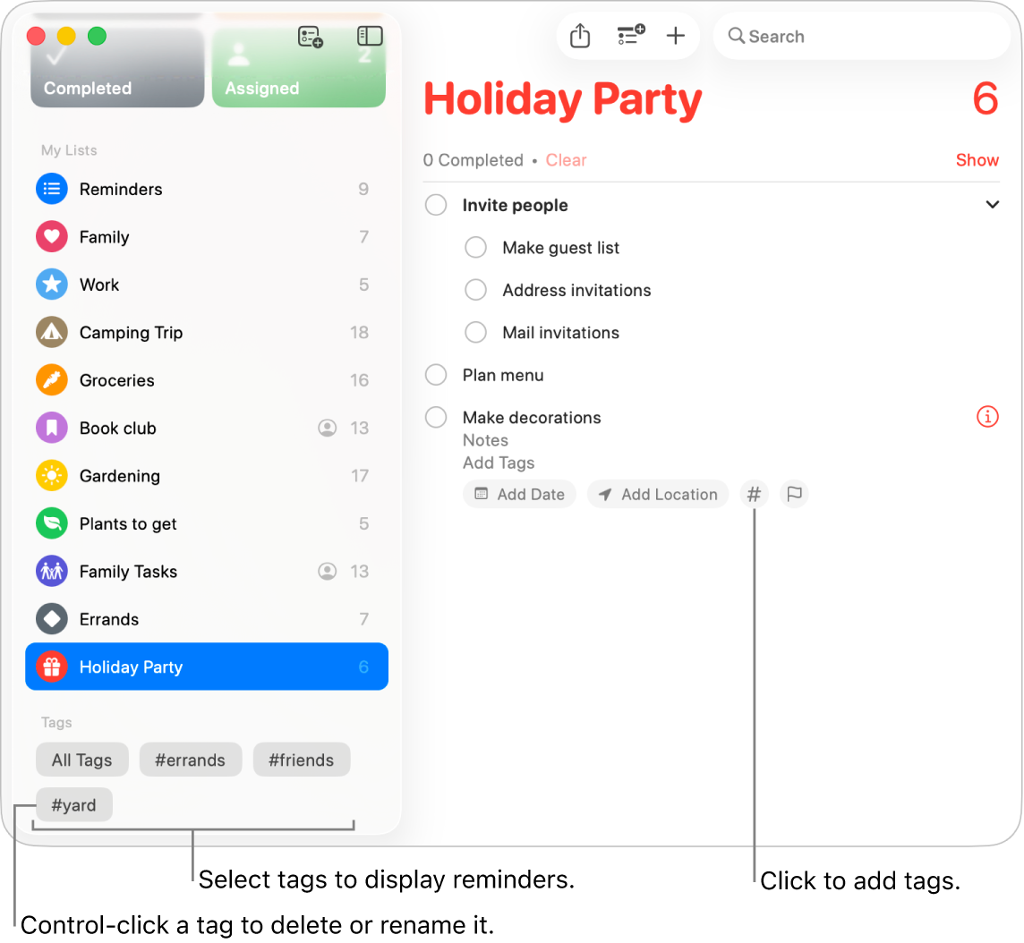A Reminders window showing several tags in the sidebar and a reminder with the Tags button.