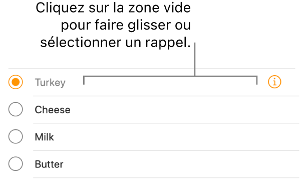 Cliquez sur la zone vide à droite d’un nom de rappel pour sélectionner le rappel.