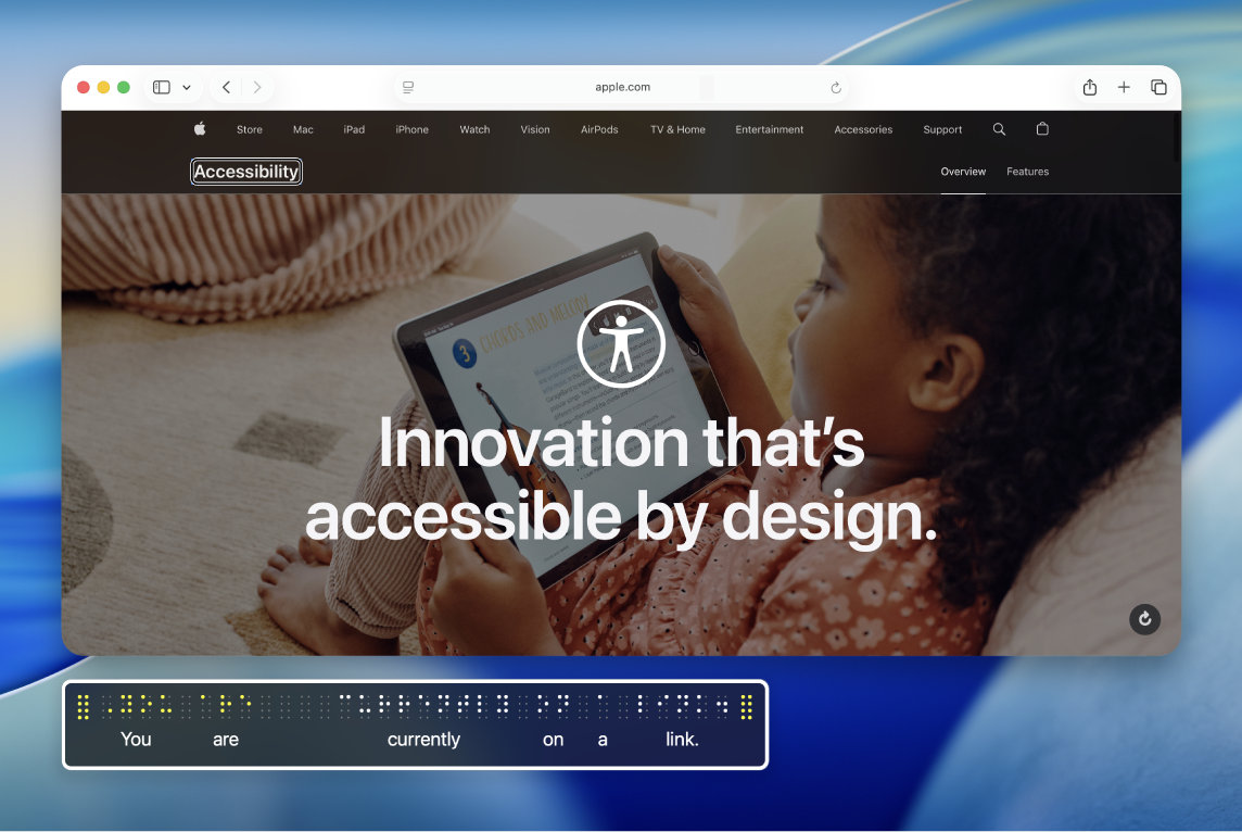 ब्रेल पैनल द्वारा दिखाया जाता है कि वेबपृष्ठ पर VoiceOver कर्सर में क्या है। ब्रेल पैनल द्वारा सिम्युलेट किए गए पीले रंग के ब्रेल डॉट दिखाए जाते हैं जिसमें डॉट के नीचे संबंधित टेक्स्ट होता है।